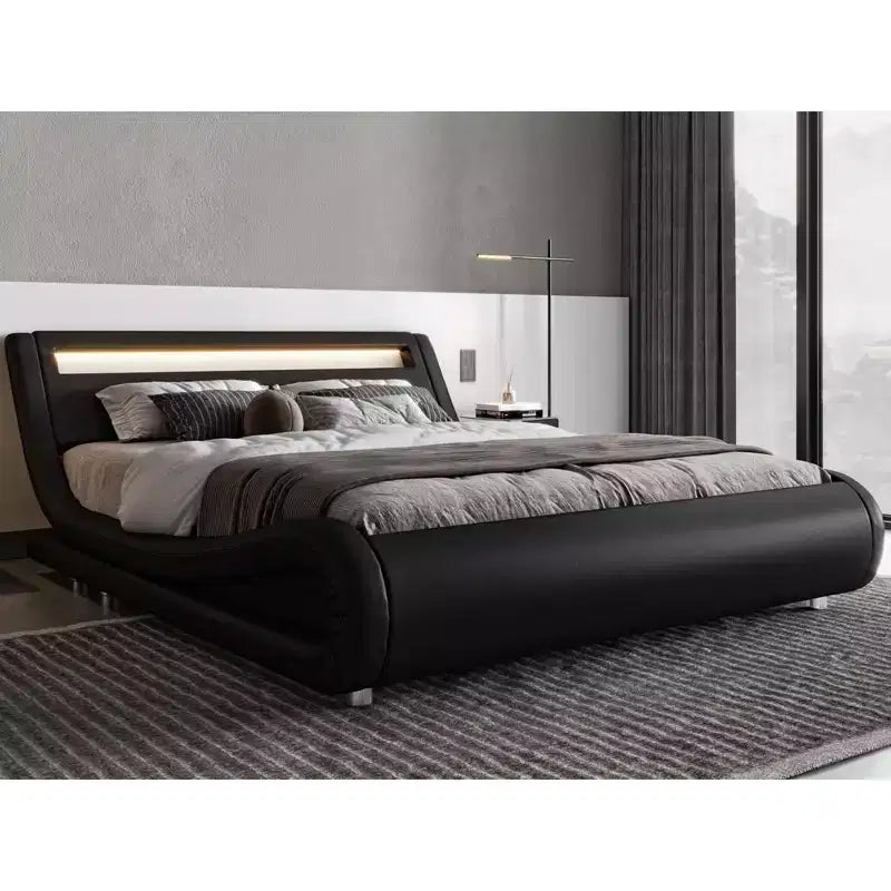 Base de Cama LED con Cabecero Ajustable, No Requiere Somier, Piel Sintética — Blanco/Negro