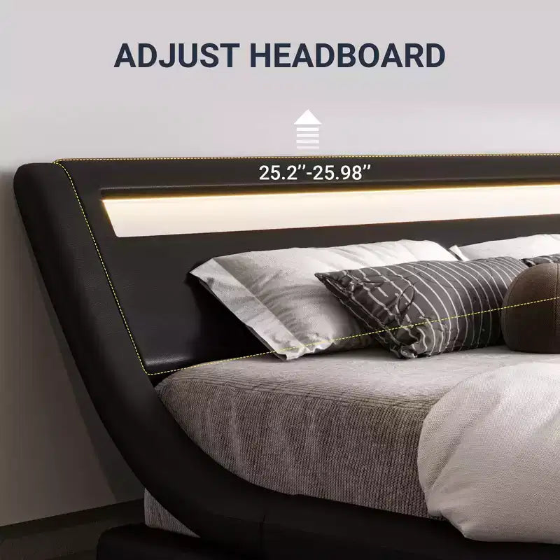 Base de Cama LED con Cabecero Ajustable, No Requiere Somier, Piel Sintética — Blanco/Negro