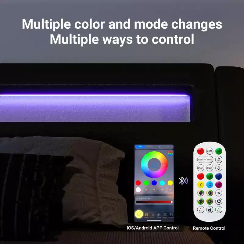 Base de Cama LED con Cabecero Ajustable, No Requiere Somier, Piel Sintética — Blanco/Negro