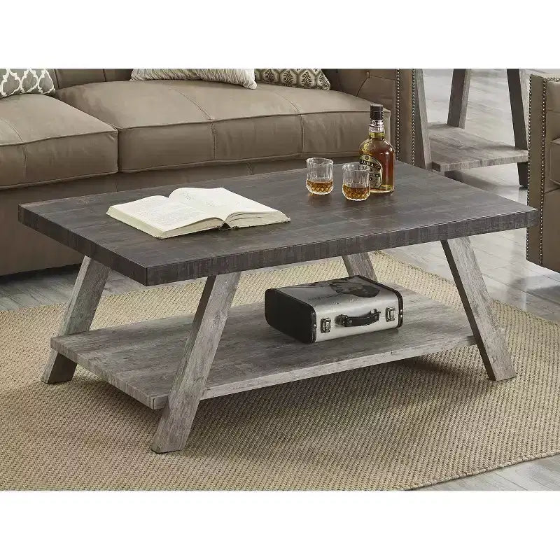 Mesa de centro con estante de madera de dos tonos, nogal envejecido y gris - Mesa de sala de estar contemporánea