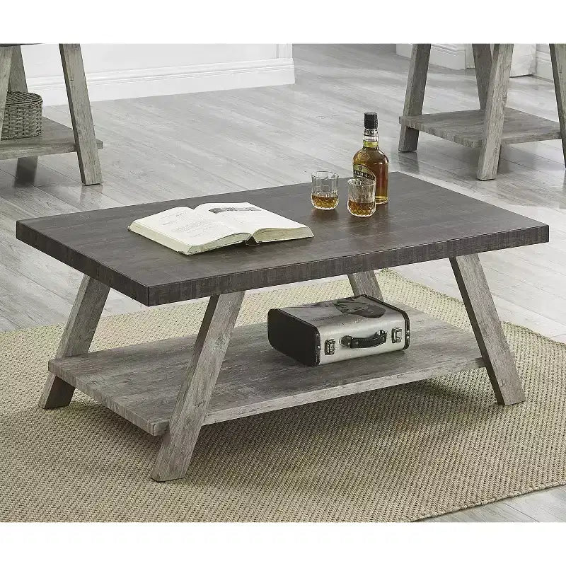 Mesa de centro con estante de madera de dos tonos, nogal envejecido y gris - Mesa de sala de estar contemporánea