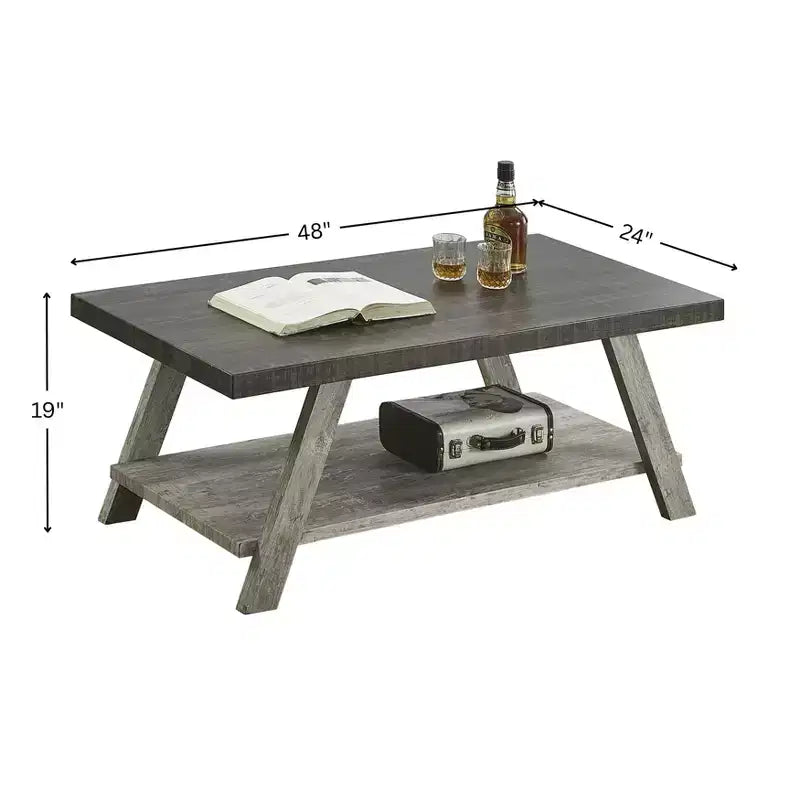 Mesa de centro con estante de madera de dos tonos, nogal envejecido y gris - Mesa de sala de estar contemporánea