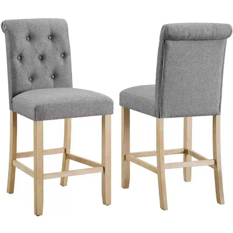 Taburetes de madera maciza, con respaldo tapizado capitoné y altura de mostrador, color gris — Juego de 2