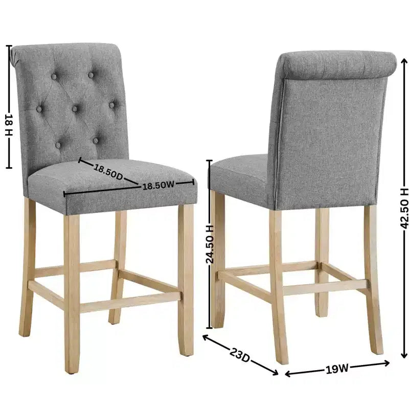 Taburetes de madera maciza, con respaldo tapizado capitoné y altura de mostrador, color gris — Juego de 2