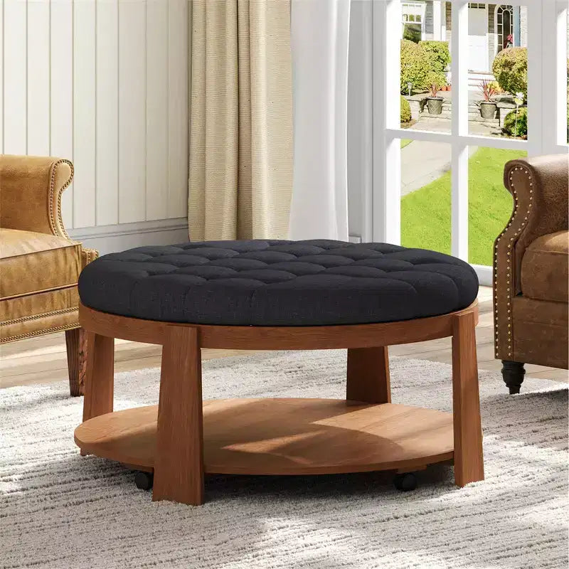 Mesa de centro tapizada de 36 pulgadas, mesa auxiliar, mesa central de 2 niveles, reposapiés otomano con estante de almacenamiento y ruedas, con botones y resistente al agua - ModernLu