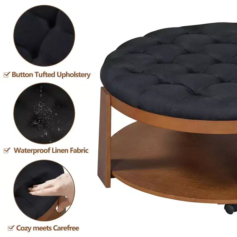Mesa de centro tapizada de 36 pulgadas, mesa auxiliar, mesa central de 2 niveles, reposapiés otomano con estante de almacenamiento y ruedas, con botones y resistente al agua - ModernLu