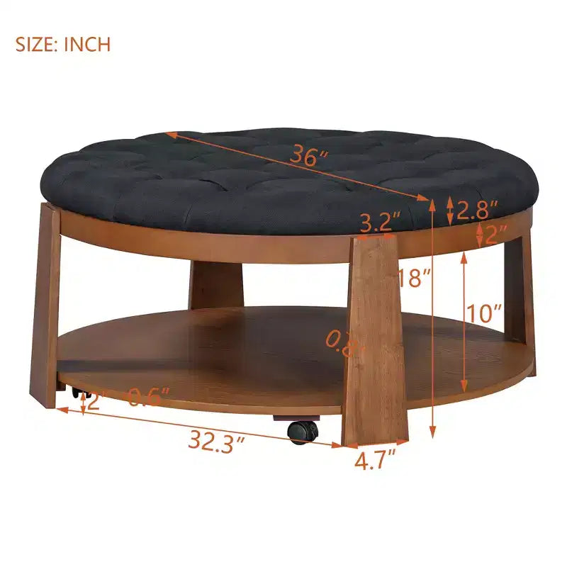 Mesa de centro tapizada de 36 pulgadas, mesa auxiliar, mesa central de 2 niveles, reposapiés otomano con estante de almacenamiento y ruedas, con botones y resistente al agua - ModernLu
