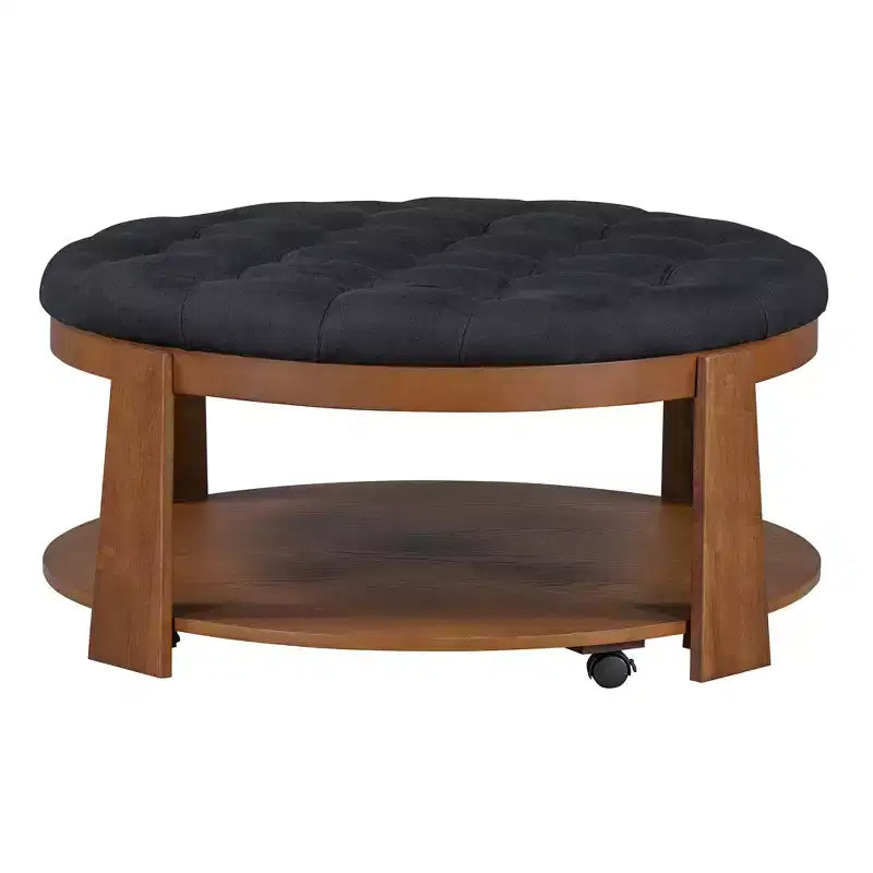Mesa de centro tapizada de 36 pulgadas, mesa auxiliar, mesa central de 2 niveles, reposapiés otomano con estante de almacenamiento y ruedas, con botones y resistente al agua - ModernLu