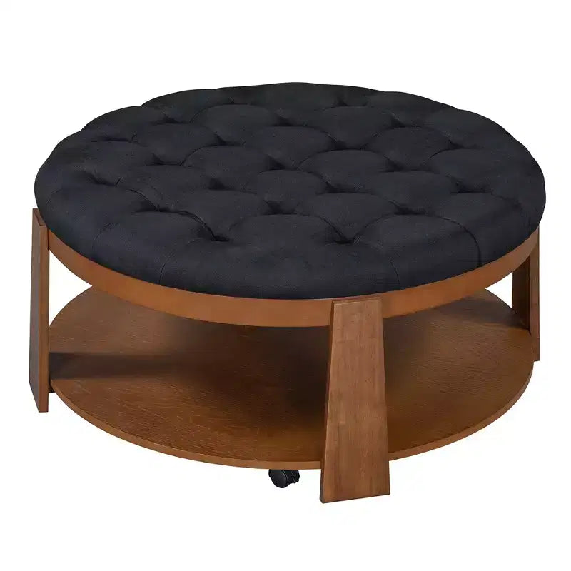 Mesa de centro tapizada de 36 pulgadas, mesa auxiliar, mesa central de 2 niveles, reposapiés otomano con estante de almacenamiento y ruedas, con botones y resistente al agua - ModernLu