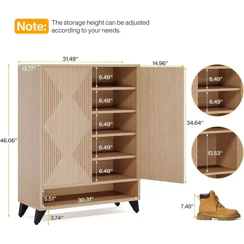 Zapatero de 6 niveles con puertas, organizador de zapatos de madera con estante ajustable