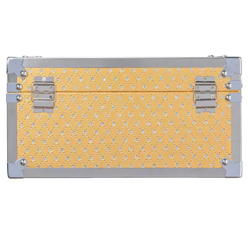 Baúl pequeño decorativo de madera con adornos metálicos, dorado y plateado
