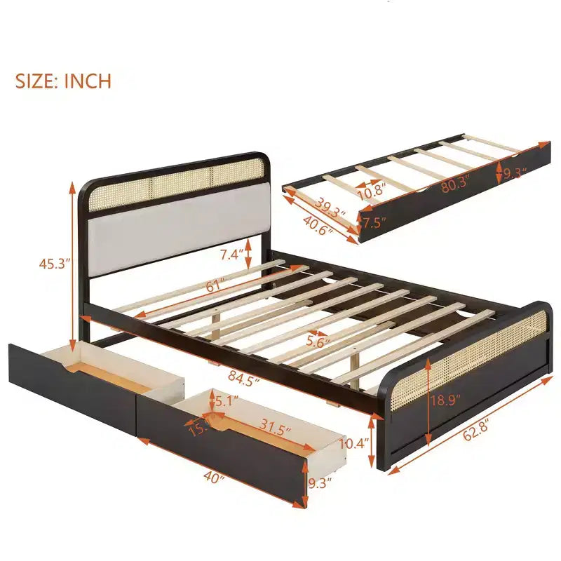 Cama Plataforma de Madera Tamaño Queen con Nido y 2 Cajones de Almacenamiento