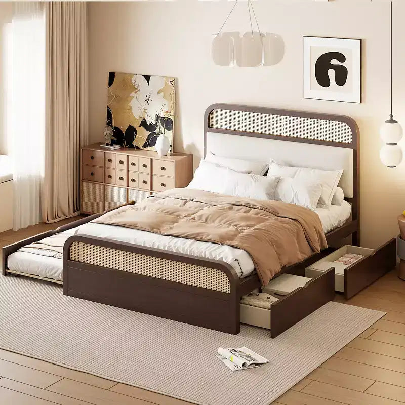 Cama Plataforma de Madera Tamaño Queen con Nido y 2 Cajones de Almacenamiento