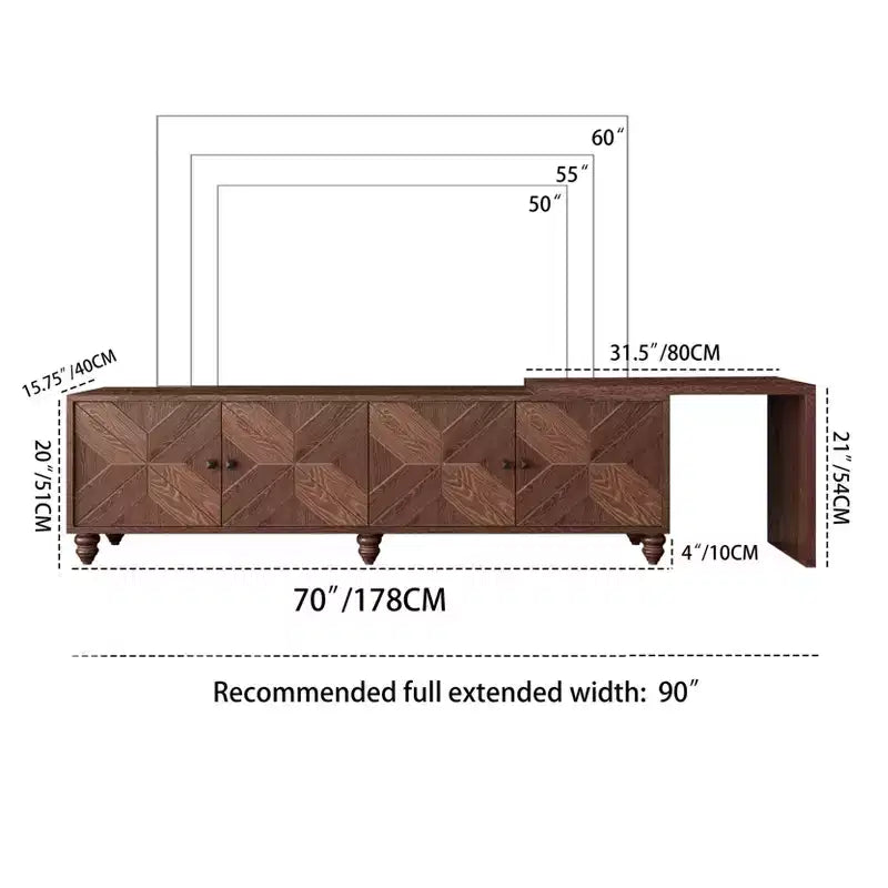 Mueble de TV extensible moderno de madera de 90'' con 2 armarios — Consola multimedia para salón