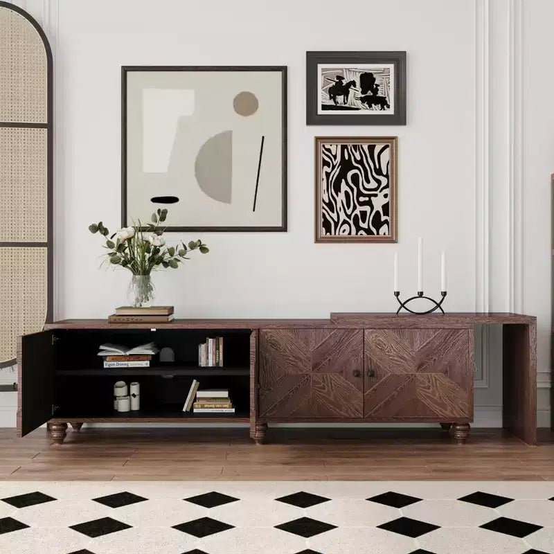 Mueble de TV extensible moderno de madera de 90'' con 2 armarios — Consola multimedia para salón