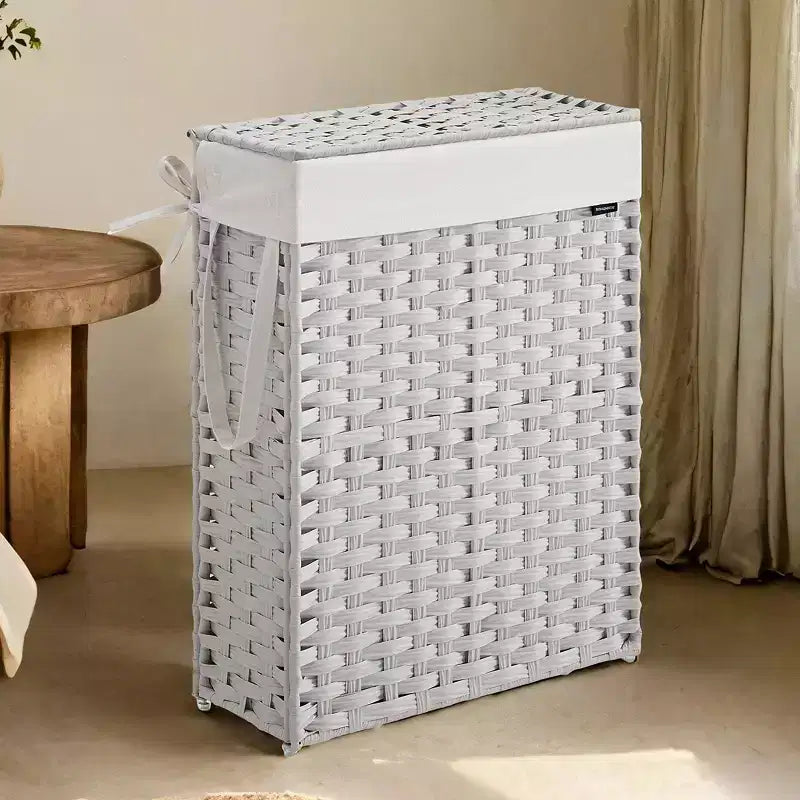 Cesto de ropa delgado de 14.5 galones con tapa, cesto de ropa plegable de ratán con tapa y asas, forro extraíble