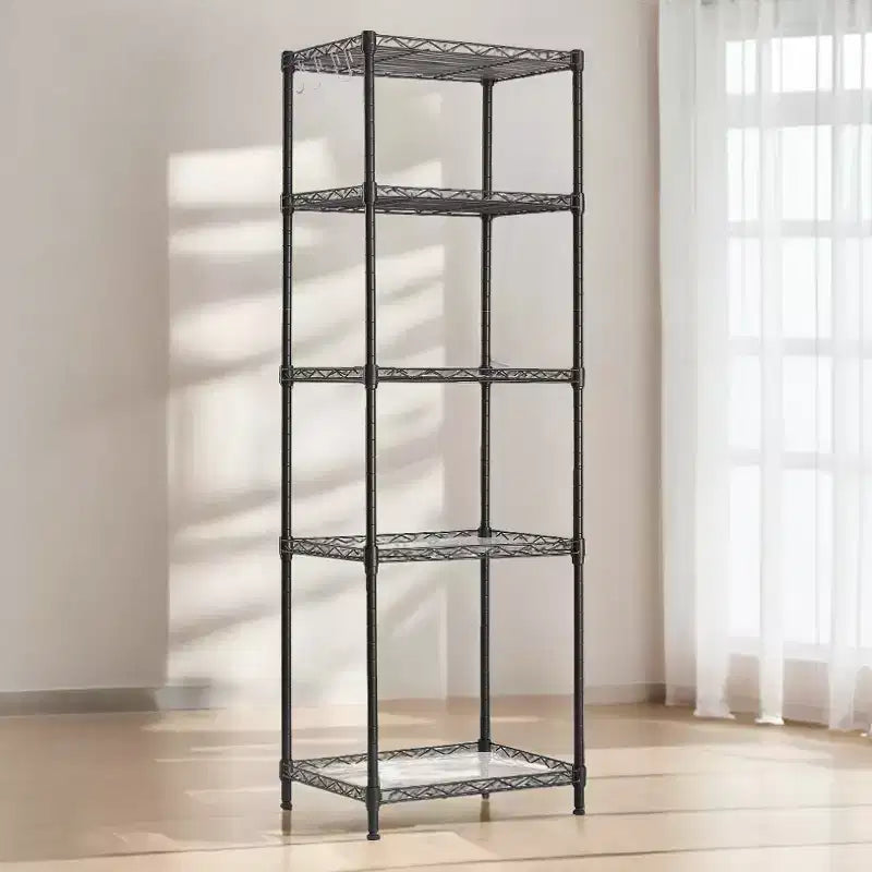 Estantería de Almacenamiento de 5 Niveles, Unidad de Estantería de Malla Metálica para Cocina, Estante de Almacenamiento, Estantes Ajustables, con 8 Ganchos, para Garaje, Cocina