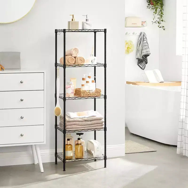 Estantería de Almacenamiento de 5 Niveles, Unidad de Estantería de Malla Metálica para Cocina, Estante de Almacenamiento, Estantes Ajustables, con 8 Ganchos, para Garaje, Cocina