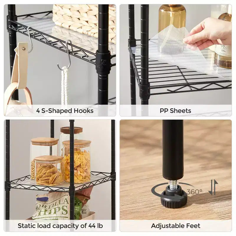Estantería de Almacenamiento de 5 Niveles, Unidad de Estantería de Malla Metálica para Cocina, Estante de Almacenamiento, Estantes Ajustables, con 8 Ganchos, para Garaje, Cocina