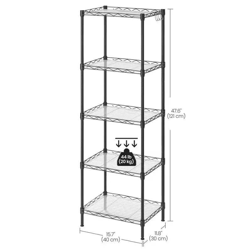 Estantería de Almacenamiento de 5 Niveles, Unidad de Estantería de Malla Metálica para Cocina, Estante de Almacenamiento, Estantes Ajustables, con 8 Ganchos, para Garaje, Cocina