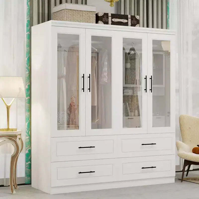 Armario de Madera Blanca de 63 Pulgadas con 4 Cajones y 4 Puertas, Armario de Dormitorio