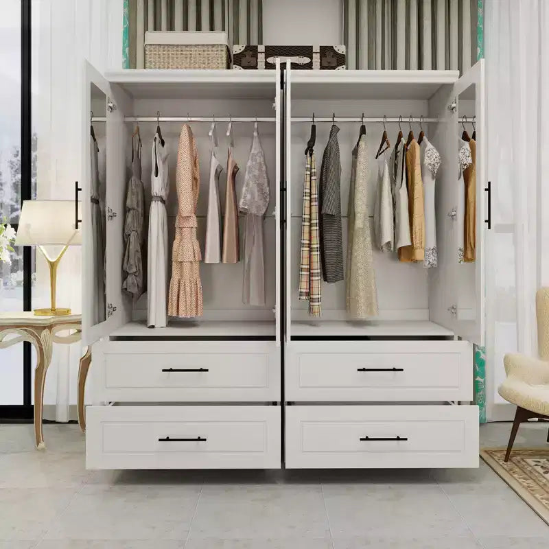 Armario de Madera Blanca de 63 Pulgadas con 4 Cajones y 4 Puertas, Armario de Dormitorio