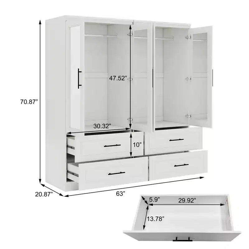 Armario de Madera Blanca de 63 Pulgadas con 4 Cajones y 4 Puertas, Armario de Dormitorio
