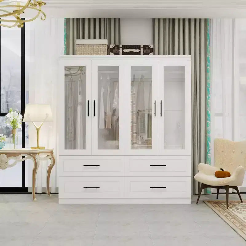 Armario de Madera Blanca de 63 Pulgadas con 4 Cajones y 4 Puertas, Armario de Dormitorio