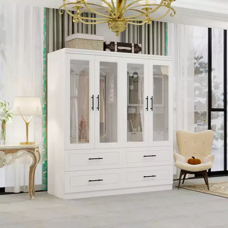 Armario de Madera Blanca de 63 Pulgadas con 4 Cajones y 4 Puertas, Armario de Dormitorio