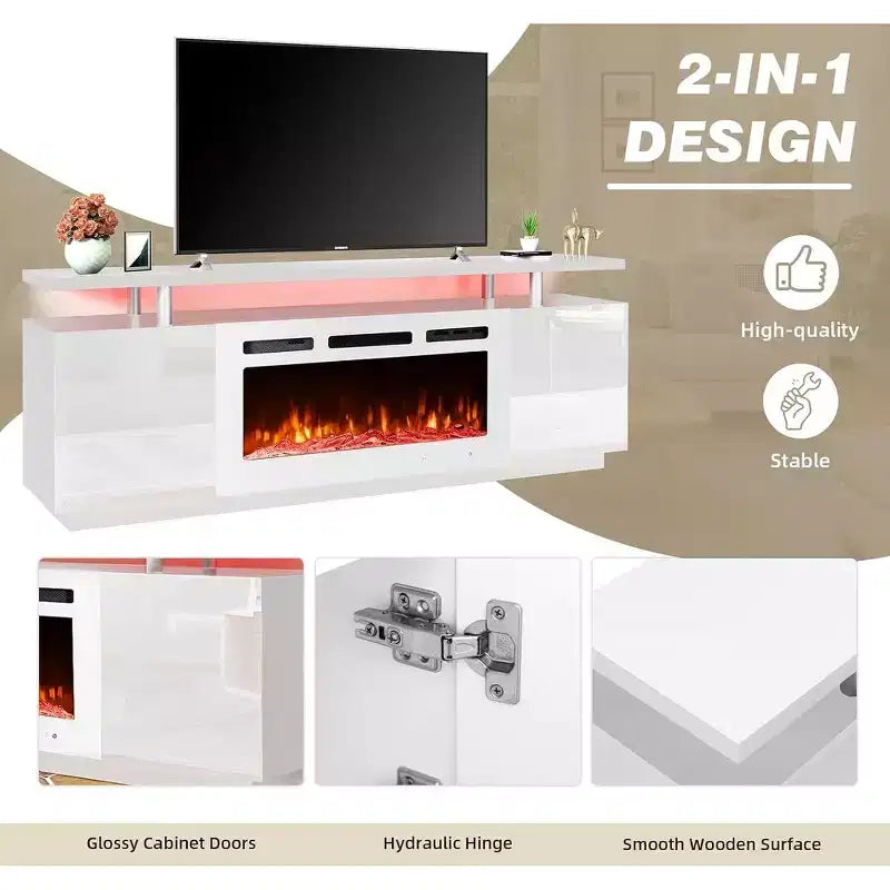 Mueble de TV con chimenea eléctrica de 36'', centro de entretenimiento para televisores de hasta 80'', calentador moderno — blanco