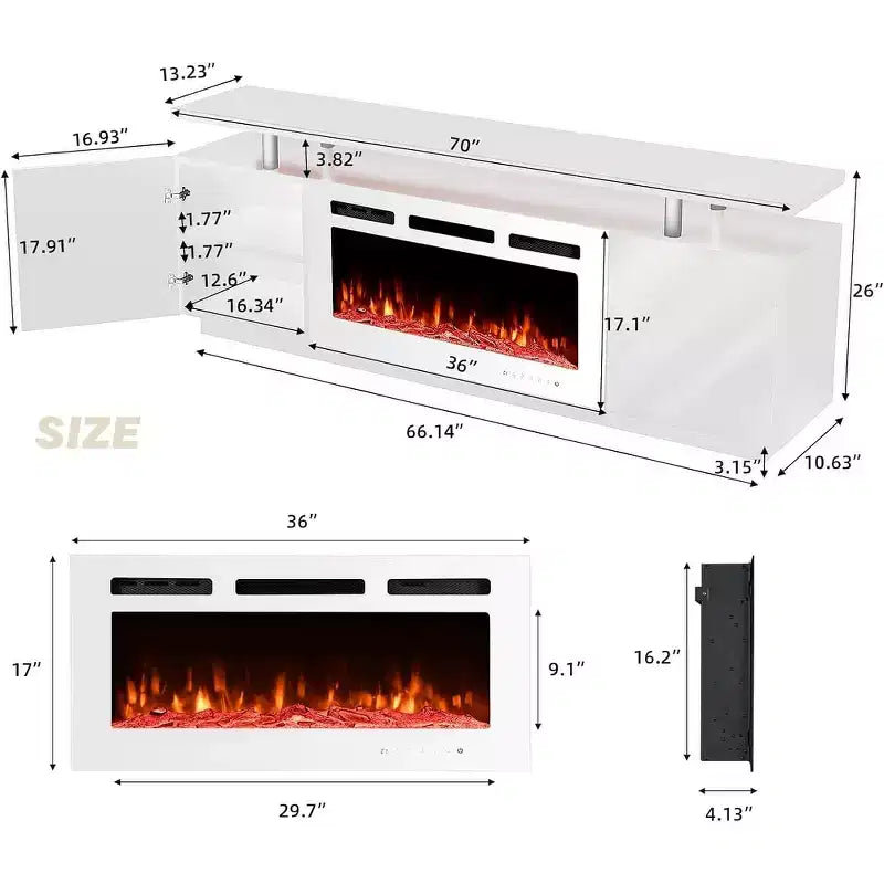 Mueble de TV con chimenea eléctrica de 36'', centro de entretenimiento para televisores de hasta 80'', calentador moderno — blanco