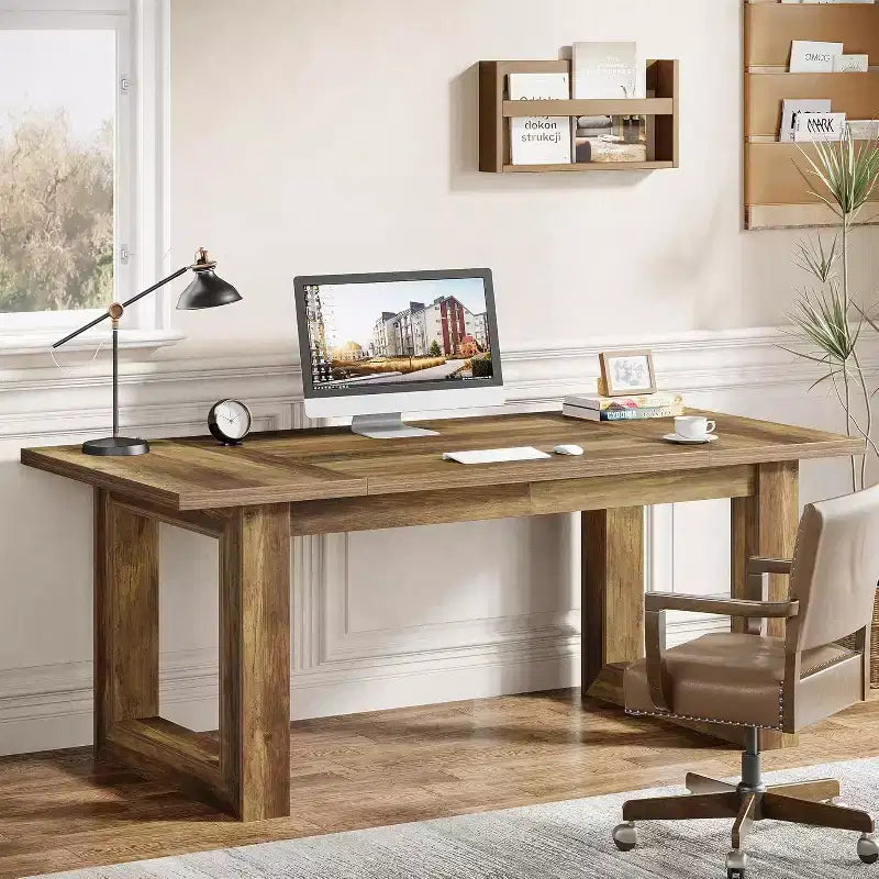 Escritorio ejecutivo de 63 pulgadas, mesa de escritura industrial con base de madera maciza para oficina en casa