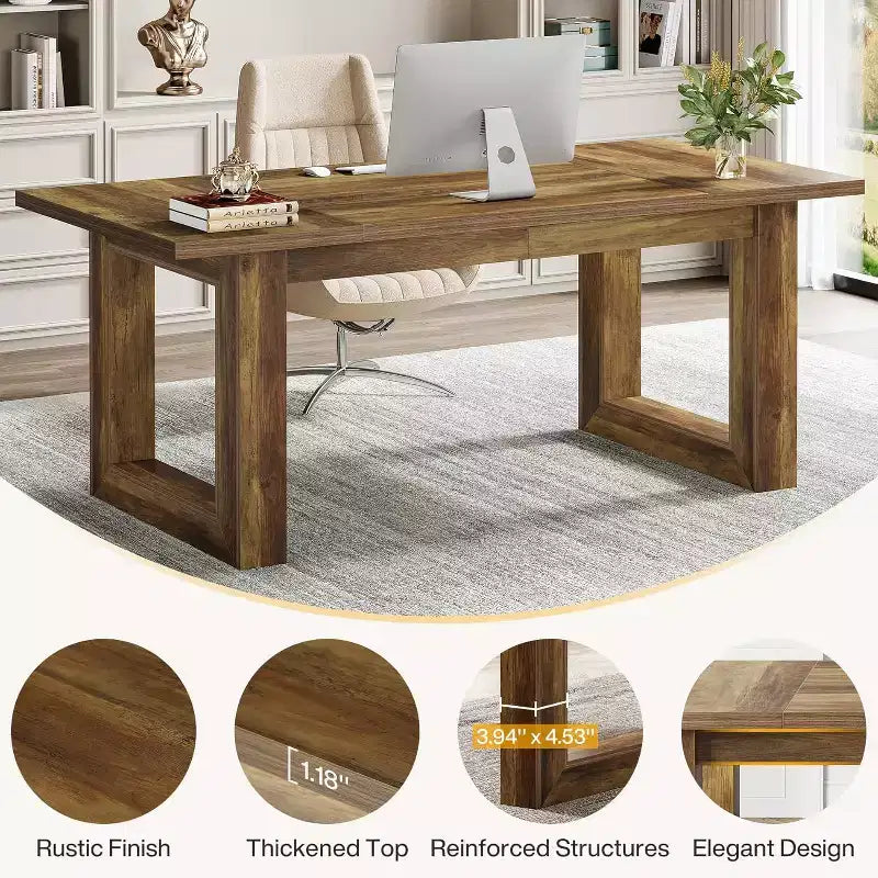 Escritorio ejecutivo de 63 pulgadas, mesa de escritura industrial con base de madera maciza para oficina en casa