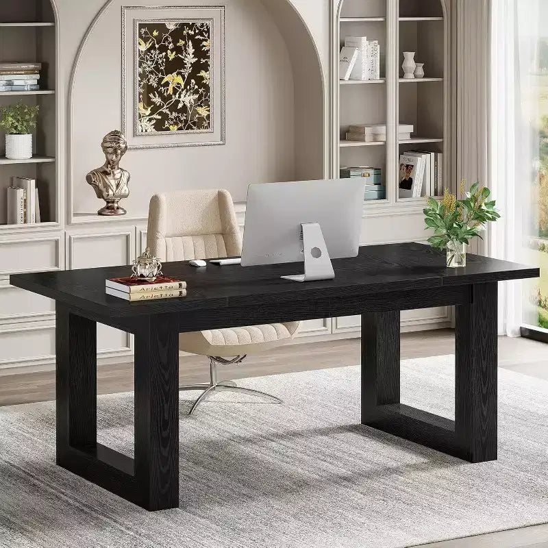 Escritorio ejecutivo de 63 pulgadas, mesa de escritura industrial con base de madera maciza para oficina en casa