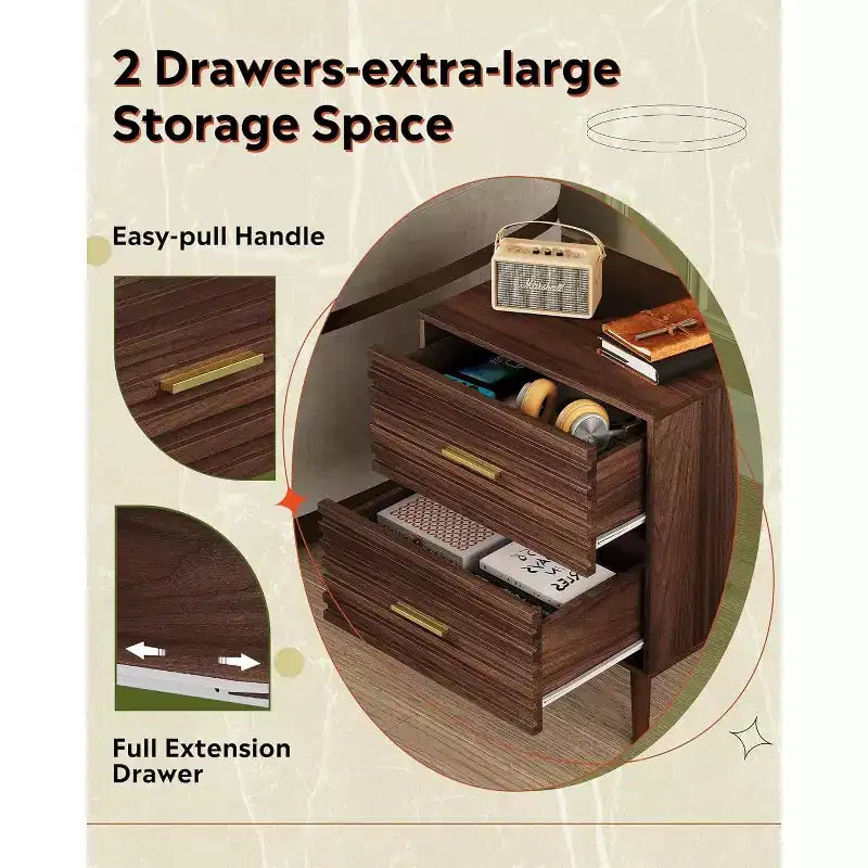 Mesita de noche moderna de madera de 2 piezas con 2 cajones, mesita de noche estriada para dormitorio