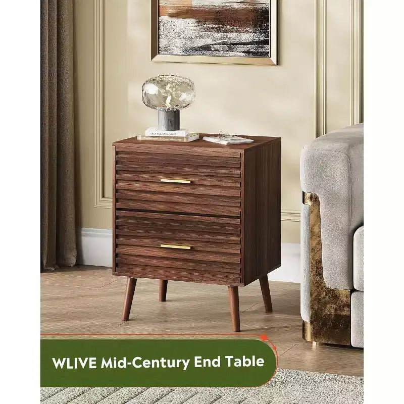 Mesita de noche moderna de madera de 2 piezas con 2 cajones, mesita de noche estriada para dormitorio