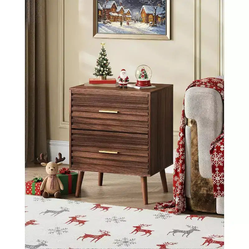 Mesita de noche moderna de madera de 2 piezas con 2 cajones, mesita de noche estriada para dormitorio
