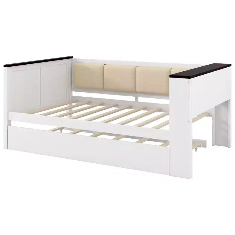 Sofá cama de madera individual/matrimonial con estantes de almacenamiento y nido, sofá cama con respaldo tapizado y USB