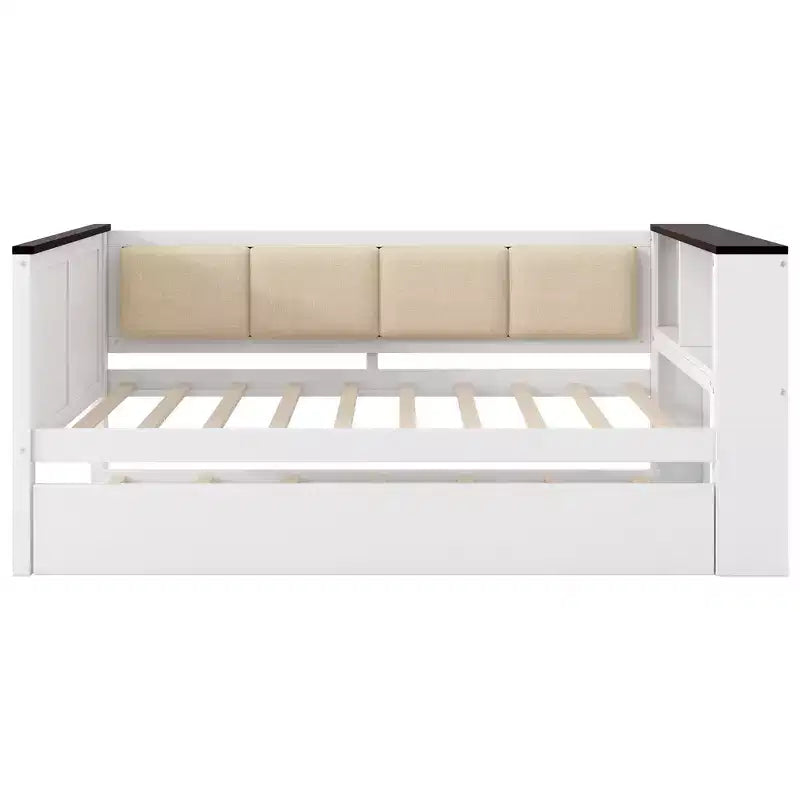 Sofá cama de madera individual/matrimonial con estantes de almacenamiento y nido, sofá cama con respaldo tapizado y USB