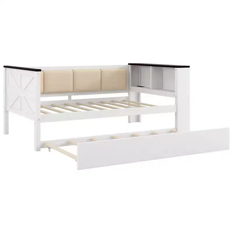 Sofá cama de madera individual/matrimonial con estantes de almacenamiento y nido, sofá cama con respaldo tapizado y USB