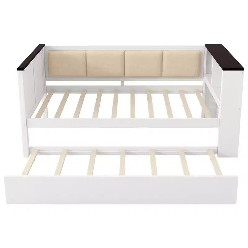 Sofá cama de madera individual/matrimonial con estantes de almacenamiento y nido, sofá cama con respaldo tapizado y USB