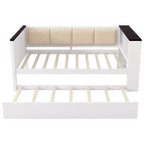 Sofá cama de madera individual/matrimonial con estantes de almacenamiento y nido, sofá cama con respaldo tapizado y USB