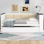 Sofá cama de madera individual/matrimonial con estantes de almacenamiento y nido, sofá cama con respaldo tapizado y USB