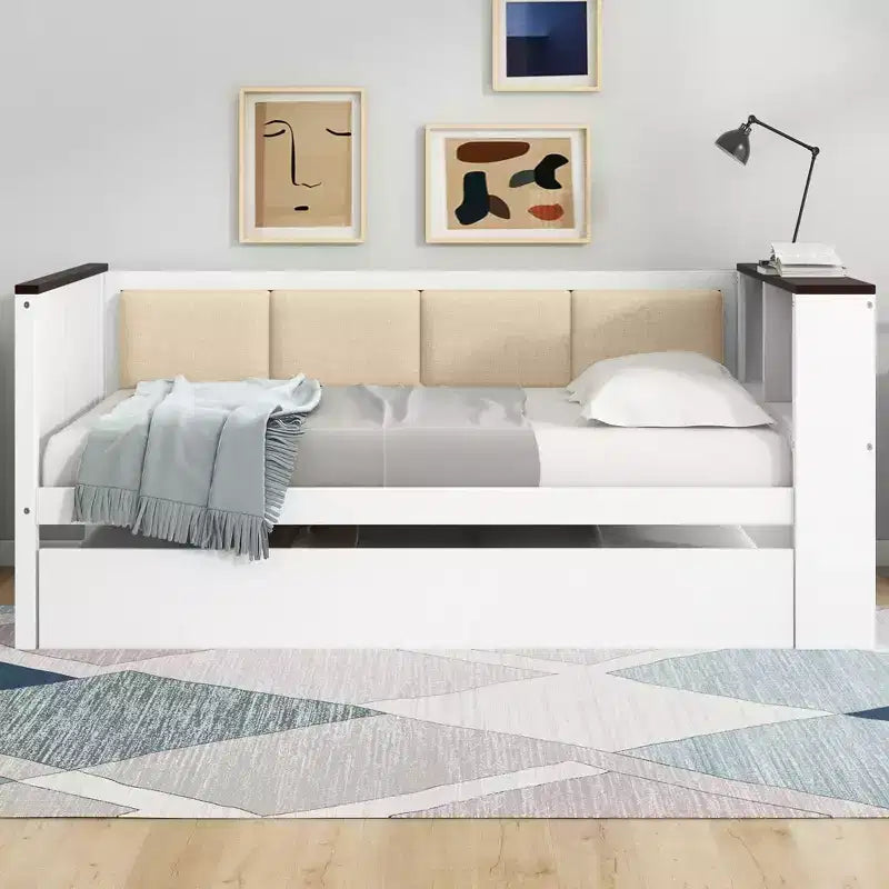 Sofá cama de madera individual/matrimonial con estantes de almacenamiento y nido, sofá cama con respaldo tapizado y USB
