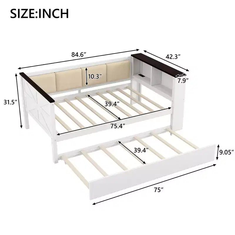 Sofá cama de madera individual/matrimonial con estantes de almacenamiento y nido, sofá cama con respaldo tapizado y USB
