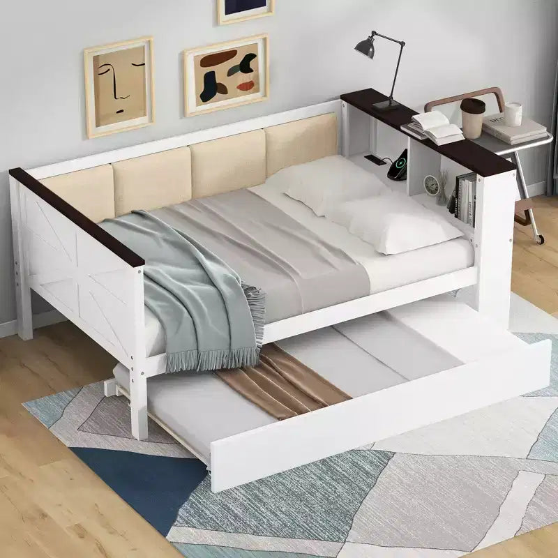 Sofá cama de madera individual/matrimonial con estantes de almacenamiento y nido, sofá cama con respaldo tapizado y USB