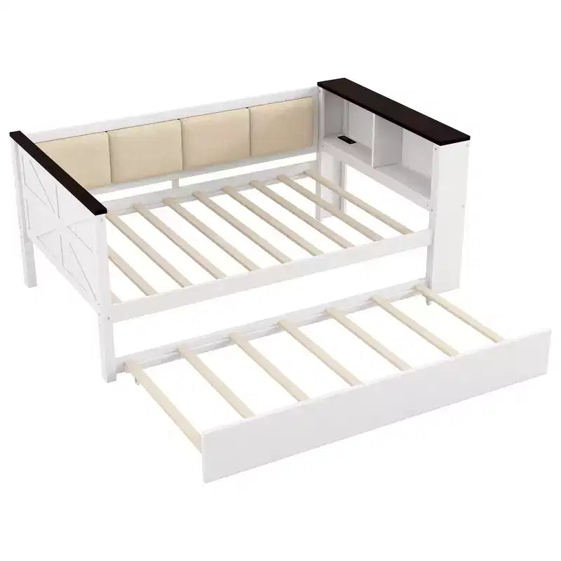Sofá cama de madera individual/matrimonial con estantes de almacenamiento y nido, sofá cama con respaldo tapizado y USB