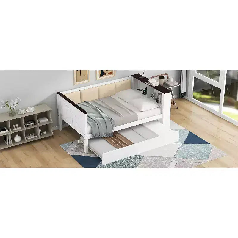Sofá cama de madera individual/matrimonial con estantes de almacenamiento y nido, sofá cama con respaldo tapizado y USB