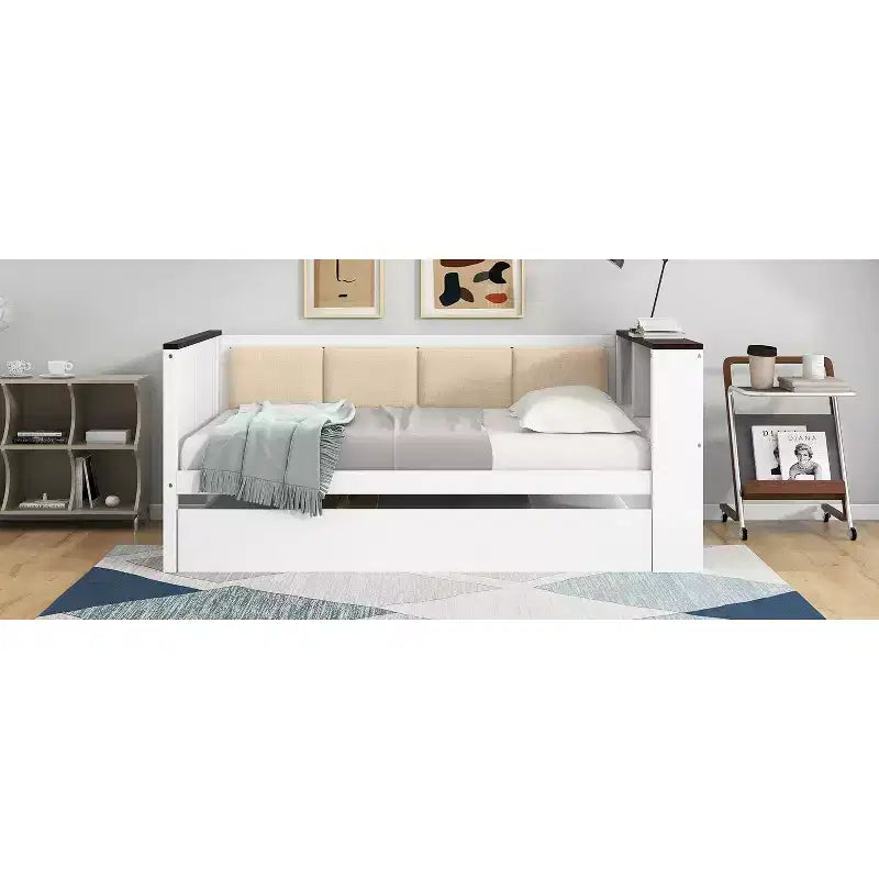 Sofá cama de madera individual/matrimonial con estantes de almacenamiento y nido, sofá cama con respaldo tapizado y USB