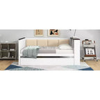 Sofá cama de madera individual/matrimonial con estantes de almacenamiento y nido, sofá cama con respaldo tapizado y USB